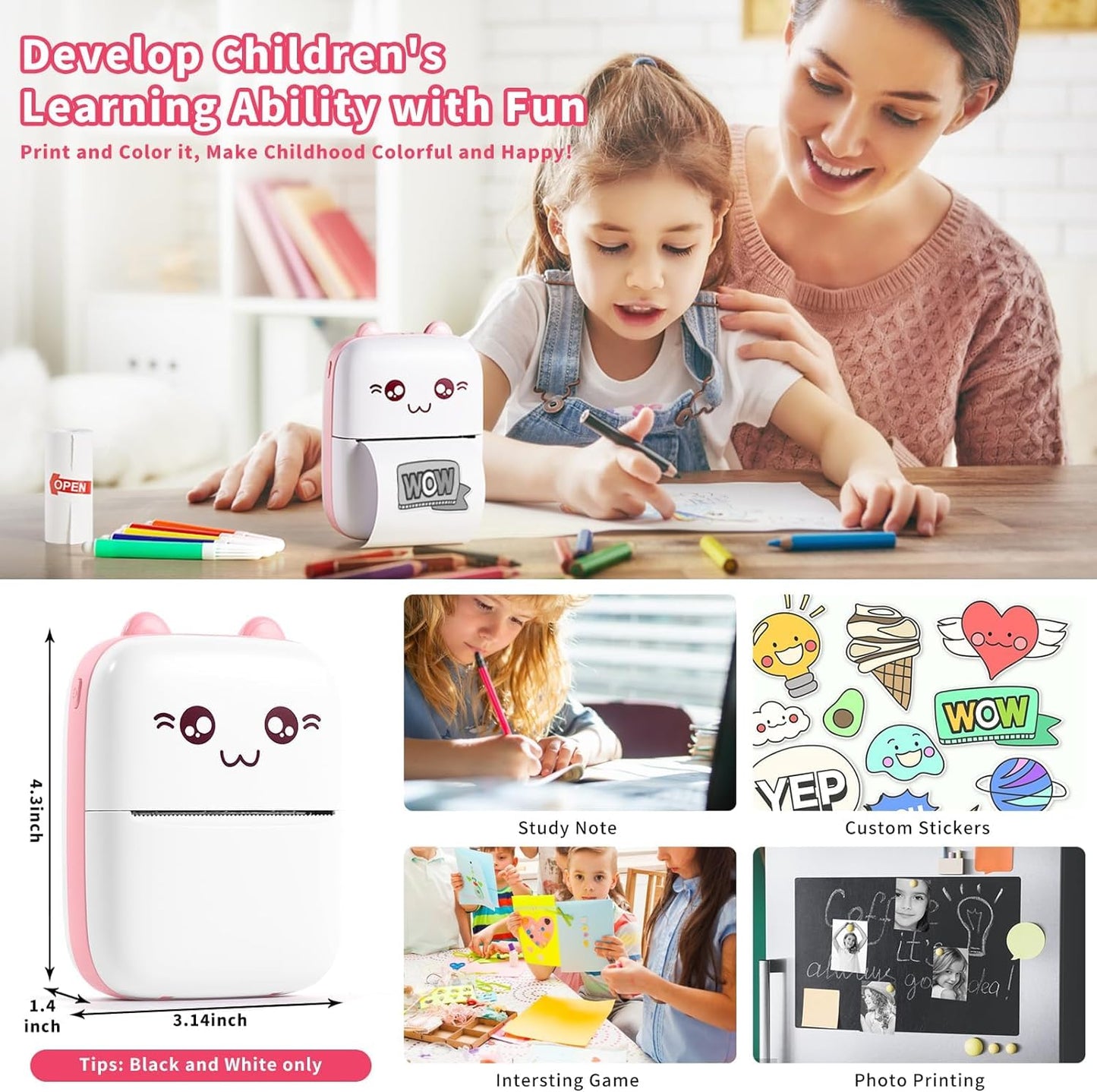 Cute Portable Thermal Printer - Wireless Mini Inkless Pocket Printer for Kids and Adults