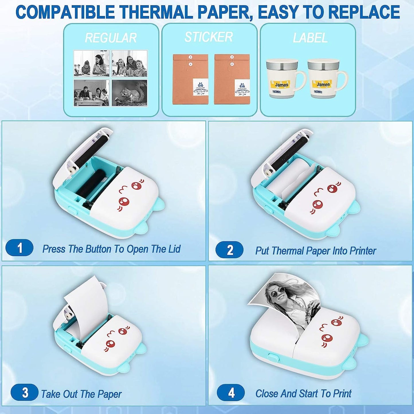 Cute Portable Thermal Printer - Wireless Mini Inkless Pocket Printer for Kids and Adults