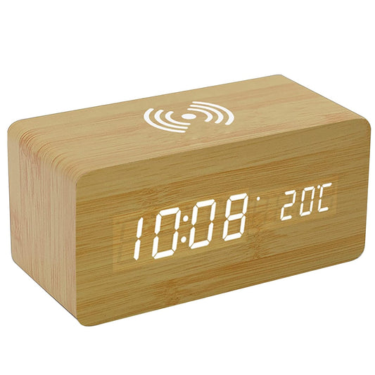 Wooden Digital Alarm Clock with LED Display & Wireless Charging