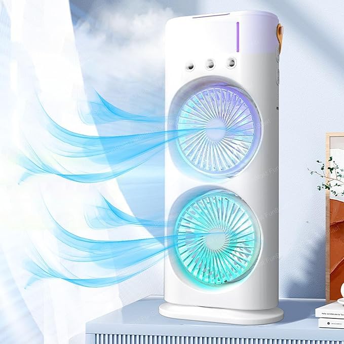 Double Decor Air Cooler with Remote, Dual Turbo Fan & 3-Level Mist Spray | USB Rechargeable | Compact Tower Fan (Pack of 1)Assorted Colour