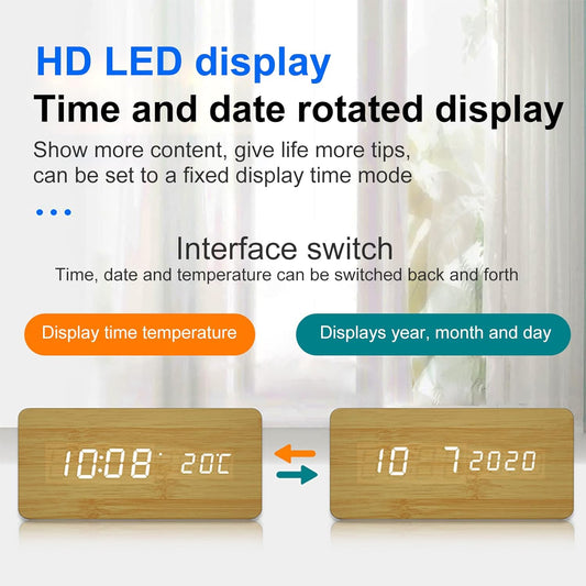 Wooden Digital Alarm Clock with LED Display & Wireless Charging