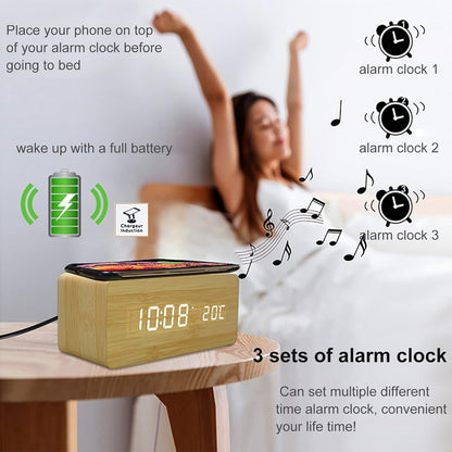 Wooden Digital Alarm Clock with LED Display & Wireless Charging