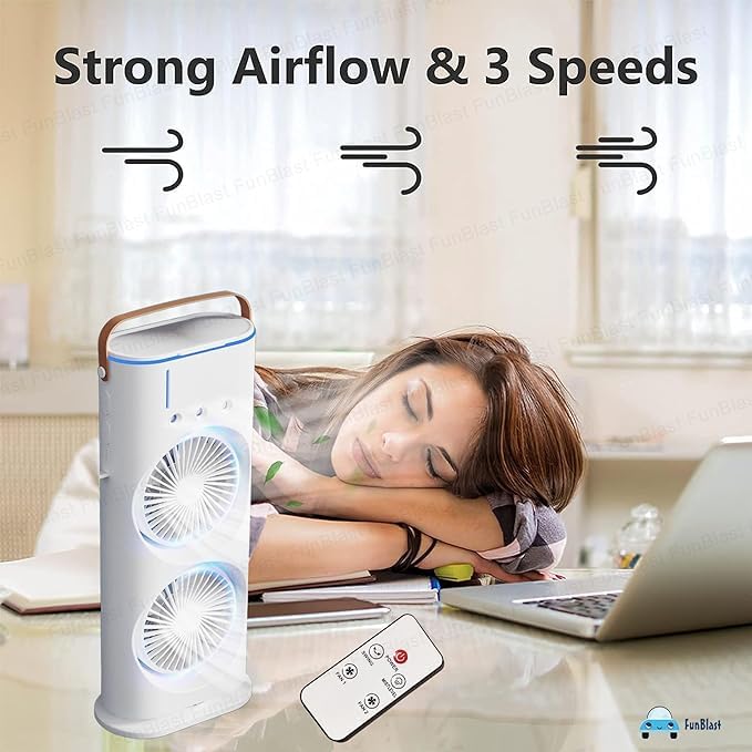 Double Decor Air Cooler with Remote, Dual Turbo Fan & 3-Level Mist Spray | USB Rechargeable | Compact Tower Fan (Pack of 1)Assorted Colour
