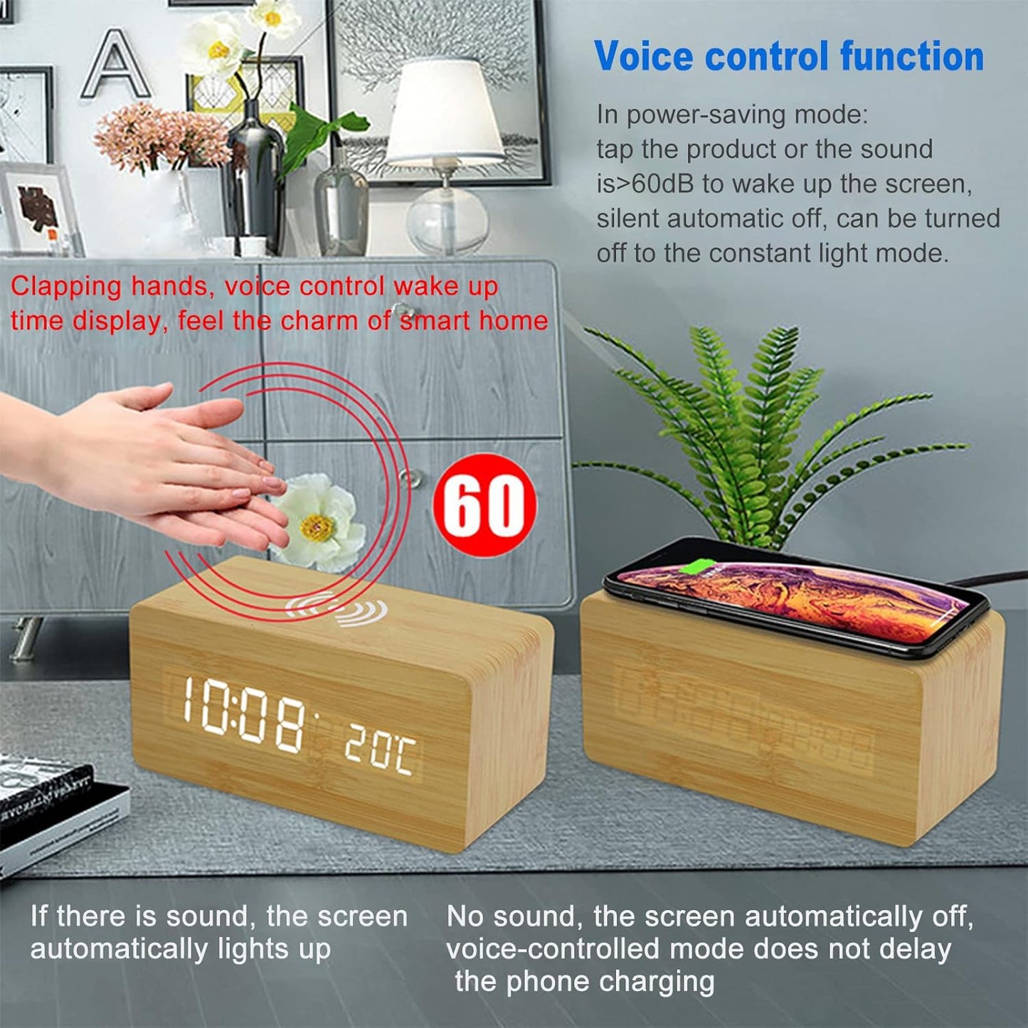 Wooden Digital Alarm Clock with LED Display & Wireless Charging