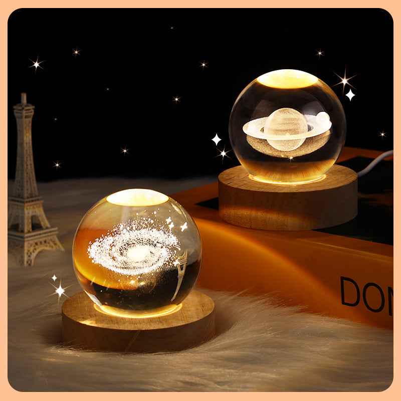 Galaxy Crystal Ball LED Night Light – 3D Laser Engraved Universe with Rotating Base