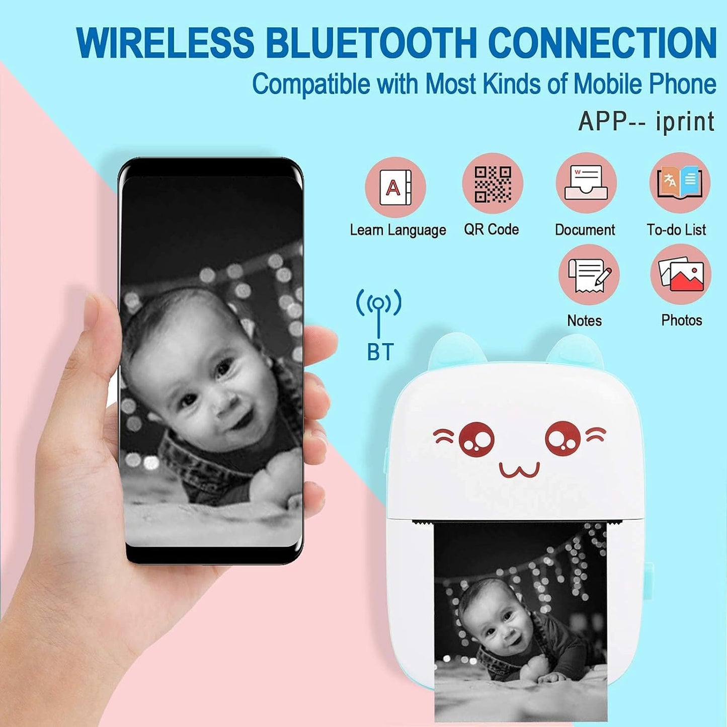 Cute Portable Thermal Printer - Wireless Mini Inkless Pocket Printer for Kids and Adults