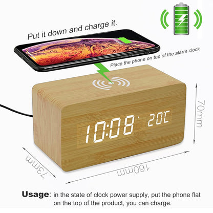 Wooden Digital Alarm Clock with LED Display & Wireless Charging