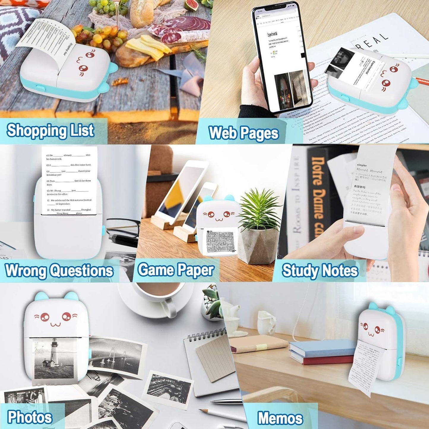 Cute Portable Thermal Printer - Wireless Mini Inkless Pocket Printer for Kids and Adults