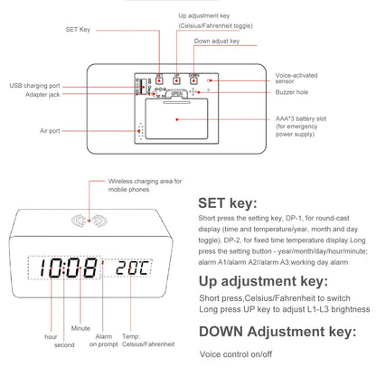 Wooden Digital Alarm Clock with LED Display & Wireless Charging