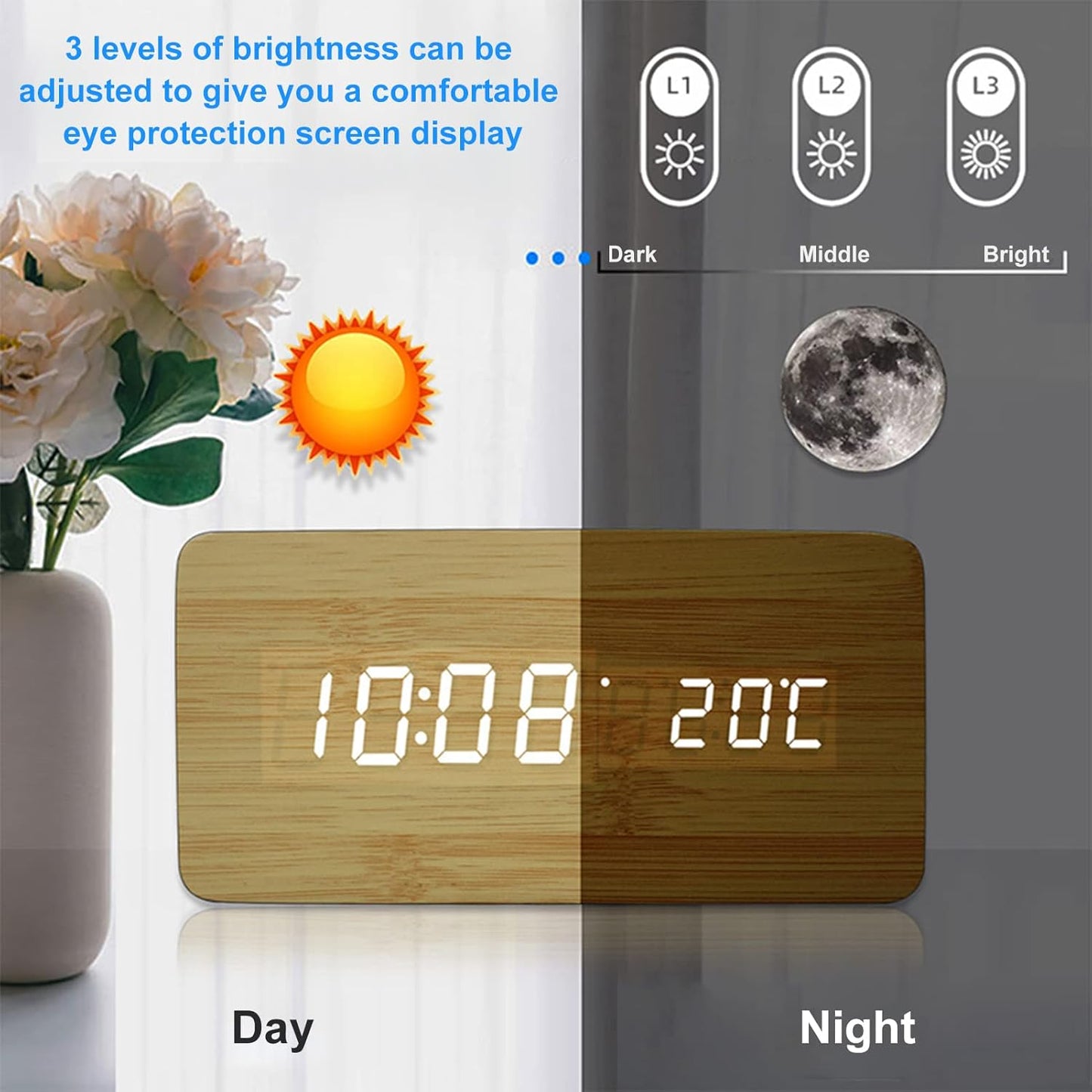 Wooden Digital Alarm Clock with LED Display & Wireless Charging